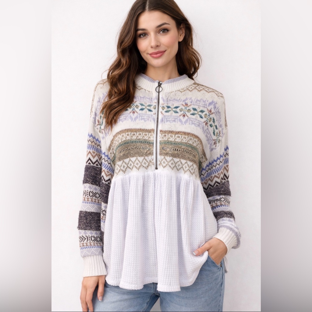 Nwt!Free People Cozy Cottage 1/2 Zip Sweater Nordic-Inspired Size Small
